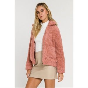 NWT Endless Rose Pink Cozy Sherpa Fleece Teddy Bear Bomber Jacket Size Large